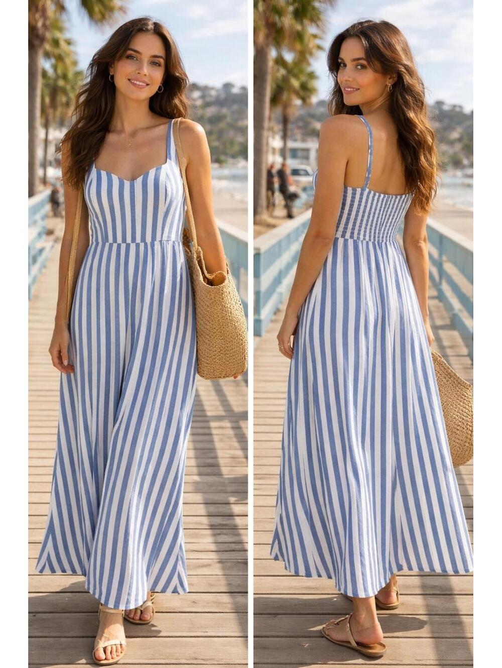 Old Navy Blue and White Vertical-Stripe Maxi Dress